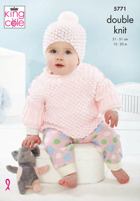 King Cole 5771 Double Knitting Pattern - DK Baby Coat, Top & Hats (Prem - 1 year)