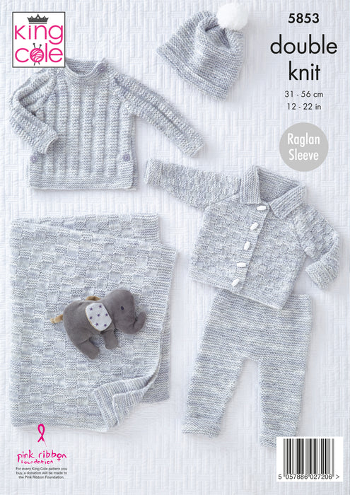 King Cole 5853 Double Knitting Pattern - DK Baby Jacket, Sweater, Leggings, Hat & Blanket