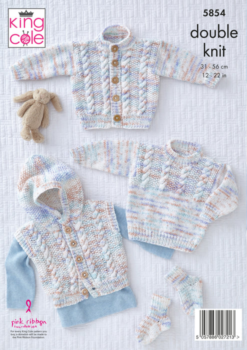 King Cole 5854 Double Knitting Pattern - Baby Jacket, Gilet, Sweater & Socks DK