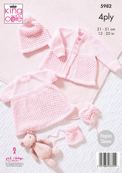 King Cole 5982 Knitting Pattern - Baby Matinee Coat, Angel Top, Hat & Bootees Knitted 4Ply