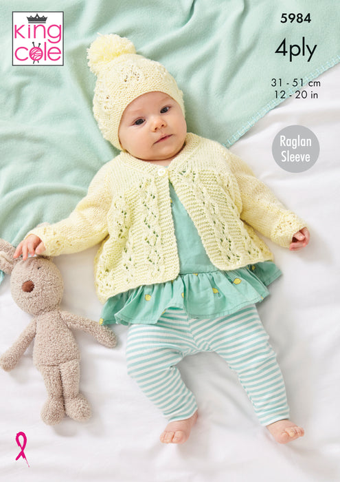 King Cole 5984 4Ply Knitting Pattern - Baby Matinee Jacket, Cardigan & Hat