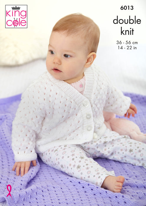King Cole 6013 Double Knitting Pattern - DK Baby Blanket & Cardigans (14-22in)