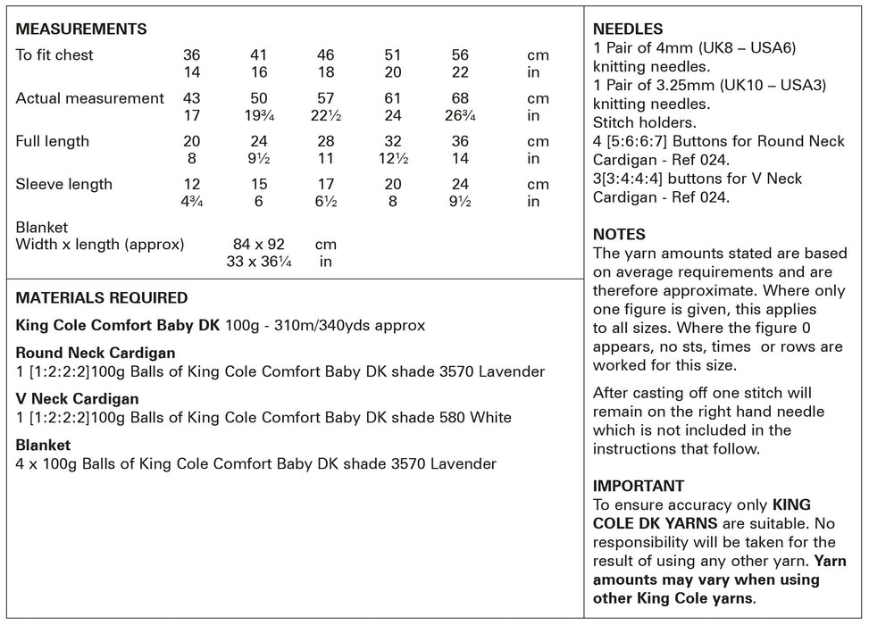 King Cole 6013 Double Knitting Pattern - DK Baby Blanket & Cardigans (14-22in)