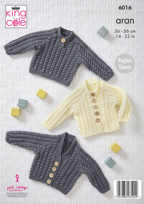King Cole 6016 Baby Aran Knitting Pattern - Cardigans & Sweater