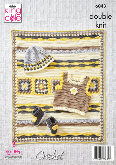 King Cole 6043 CROCHET Pattern - DK Baby Blanket, Tank Top, Hat and Booties