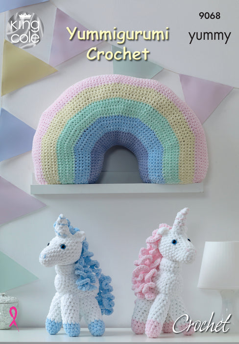 King Cole 9068 Chunky CROCHET Pattern - Unicorn Toy & Rainbow Cushion in Yummy