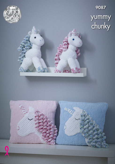 King Cole 9087 Chunky Knitting Pattern - Unicorn Toy & Cushion Knitted in Yummy