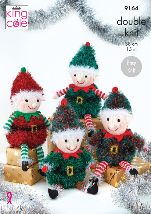 King Cole 9164 Christmas Knitting Pattern - Easy Knit Playful Elves - Tinsel & DK Yarn