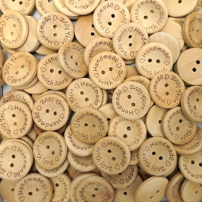 25mm Handmade With Love Wooden Buttons (50 Pcs)