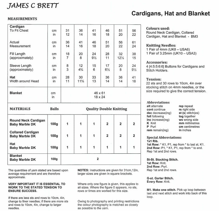 James C Brett JB010 Double Knitting Pattern - Baby DK Cardigans, Bobble Hat & Blanket