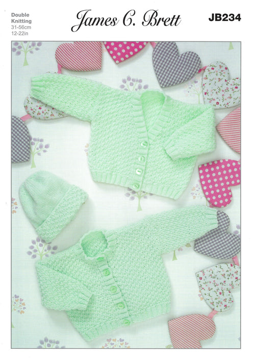 James C Brett JB234 Double Knitting Pattern - Baby Cardigans & Hat For DK Yarn (Prem - 2 years)