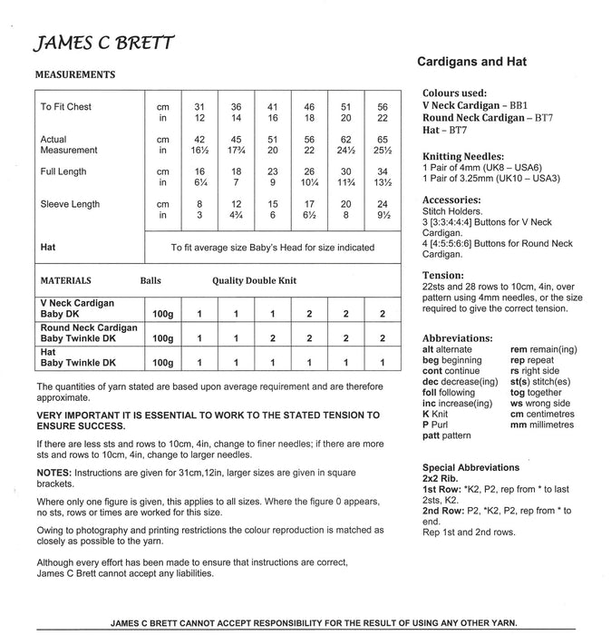James C Brett JB234 Double Knitting Pattern - Baby Cardigans & Hat For DK Yarn (Prem - 2 years)