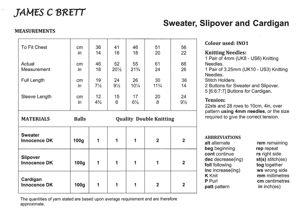 James C Brett JB508 Double Knitting Pattern - Baby DK Sweater, Slipover & Cardigan - Discontinued