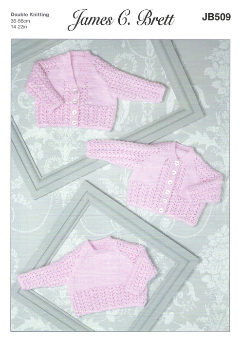 James C Brett JB509 Double Knitting Pattern - DK Baby Cardigans & Sweater - Discontinued