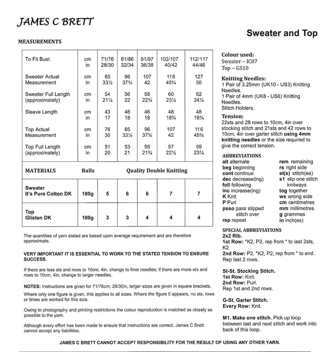 James C Brett JB596 Double Knitting Pattern for Ladies - Womens DK Sweater & Top