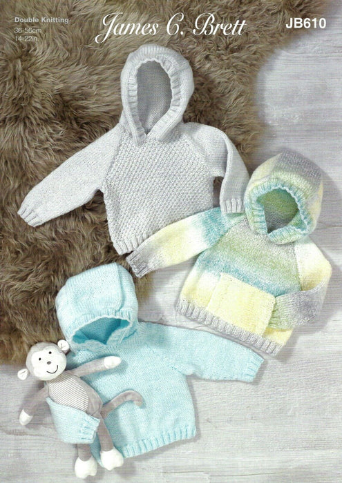 James C Brett JB610 Double Knitting Pattern - DK Baby Raglan Hoodies