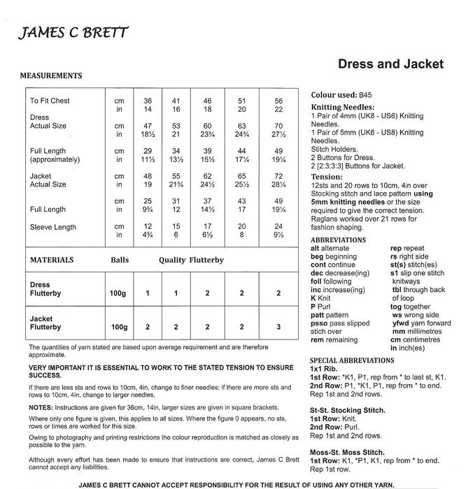 James C Brett  Knitting Pattern JB650 - Dress & Jacket Knitted With Flutterby Chunky Yarn