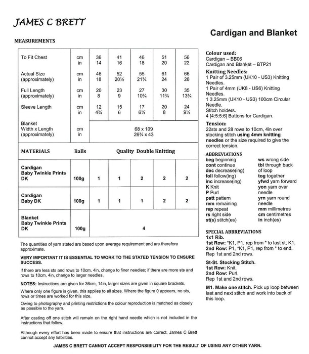 James C Brett DK Knitting Pattern JB681 - Cardigan & Blanket 36 - 56 cm / 14 - 22