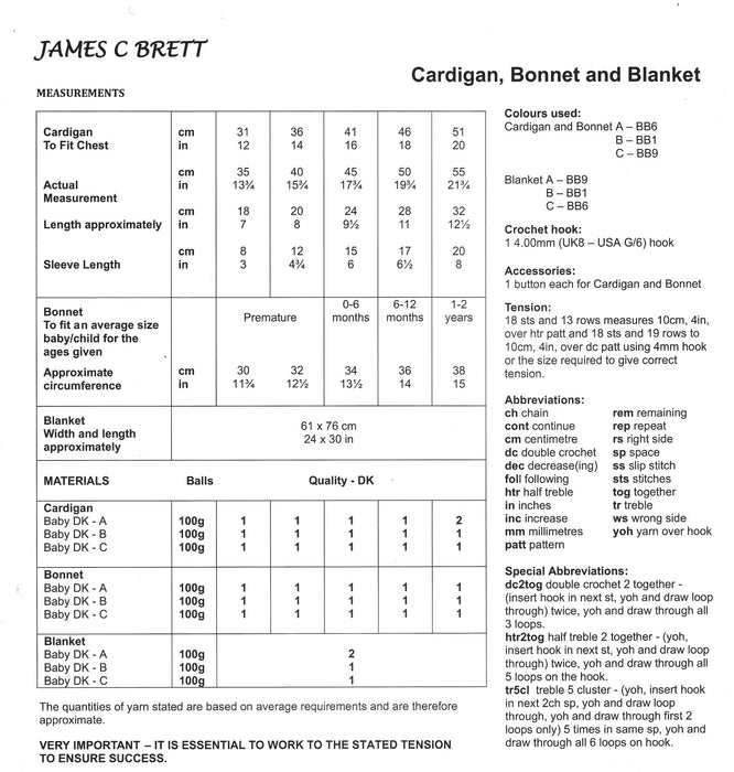 James C Brett JB701 CROCHET Pattern - Baby DK Cardigan, Bonnet & Blanket