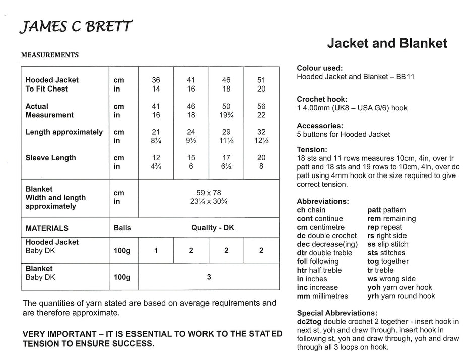 James C Brett JB702 CROCHET Pattern - Baby DK Jacket & Blanket
