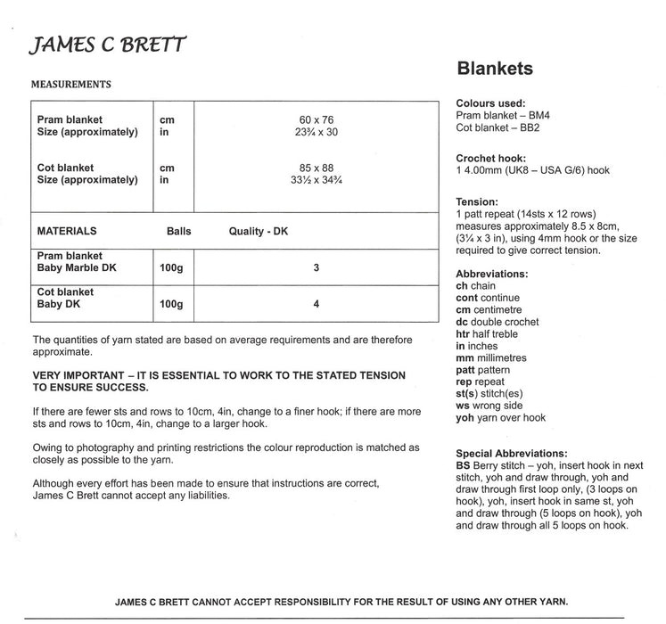 James C Brett JB738 CROCHET Pattern - DK Baby Pram Blanket & Cot Blanket (Discontinued)