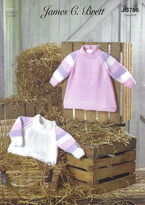 James C Brett JB786 - Aran Knitting Pattern - Easy Knit Baby A Line Dress & Sweater