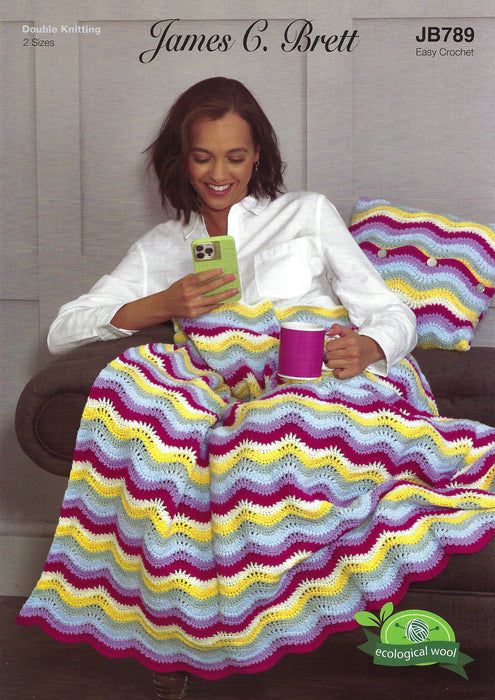 James C Brett JB789 CROCHET Pattern - Easy Crochet Wavy Blanket & Cushion Cover DK