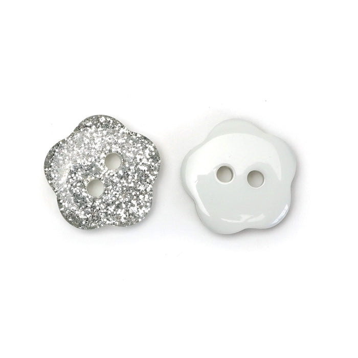 15mm White Glitter Flower Buttons (2 Hole) 10 Pcs