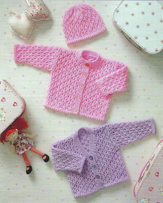 James C Brett JB033 Double Knitting Pattern - Baby DK Cardigans and Hat (Discontinued)