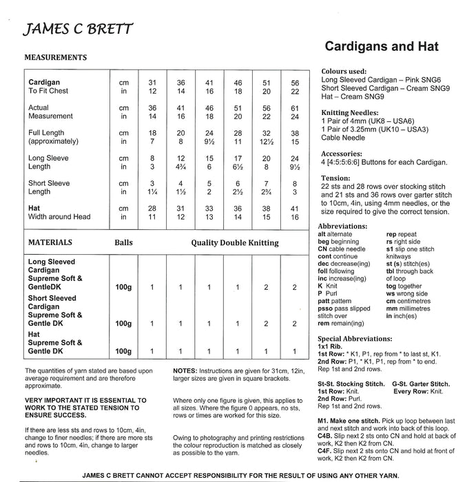 James C Brett JB034 Knitting Pattern - Baby Cardigans and Hat For DK Yarn