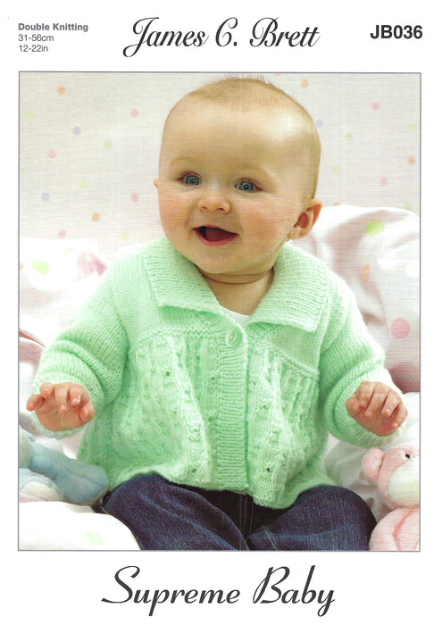 James C Brett JB036 Knitting Pattern - Baby Cardigans, Scarf & Hat For DK Yarn - Discontinued