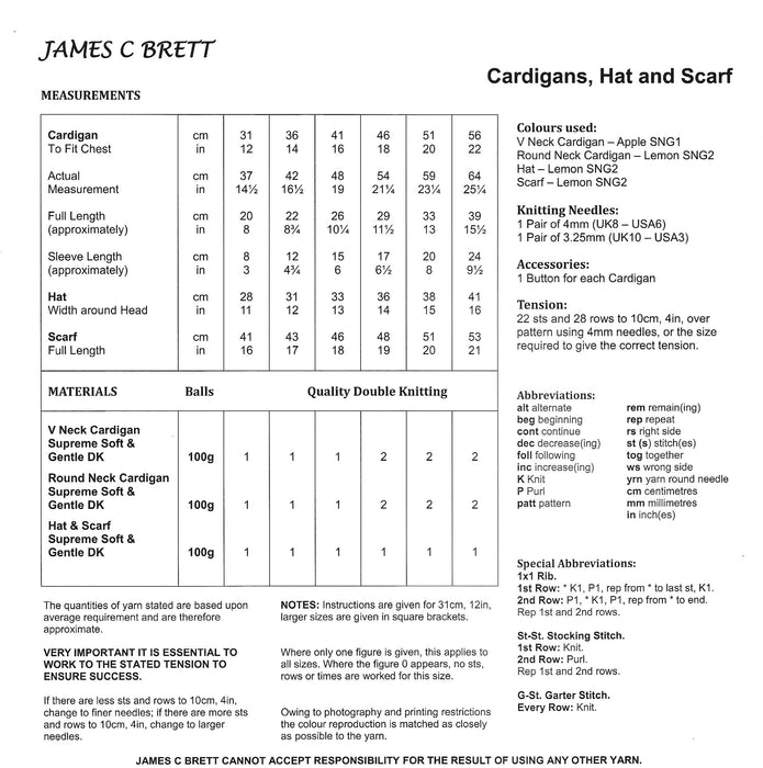 James C Brett JB036 Knitting Pattern - Baby Cardigans, Scarf & Hat For DK Yarn - Discontinued