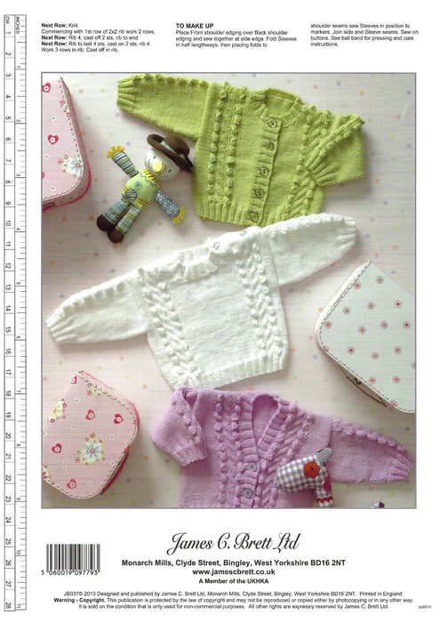 James C Brett JB037 Knitting Pattern - Baby Cardigans & Sweater For DK Yarn (Discontinued)