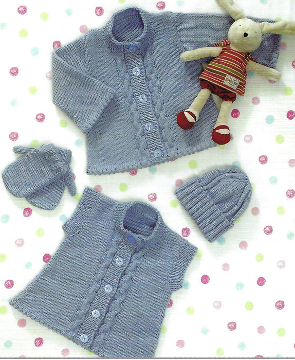 James C Brett JB082 Double Knitting Pattern - Baby DK Cardigan, Waistcoat, Hat & Mittens (Discontinued)