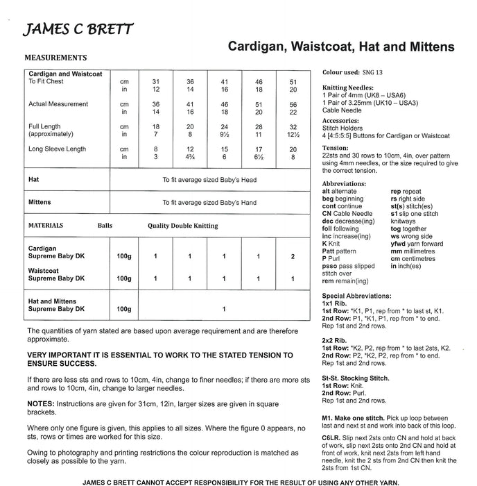 James C Brett JB082 Double Knitting Pattern - Baby DK Cardigan, Waistcoat, Hat & Mittens (Discontinued)
