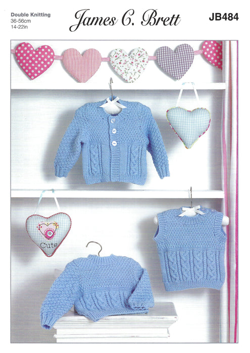 James C Brett JB484 Double Knitting Pattern - Baby DK Sweater, Slipover and Cardigan (Discontinued)
