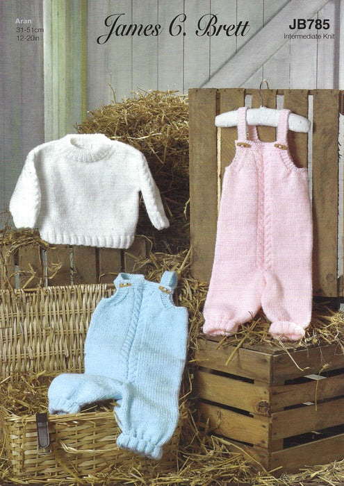 James C Brett JB785 Baby Aran Knitting Pattern - Sweater & Dungarees - Intermediate Knit
