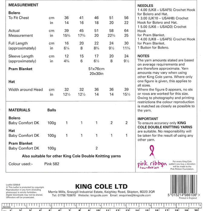 King Cole 3258 CROCHET Pattern - Baby Bolero, Hat and Pram Blanket