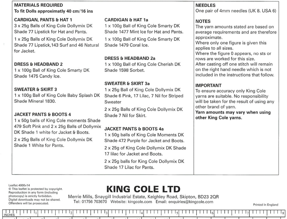 King Cole 4000 Doll Knitting Pattern - DK Dolls Clothes