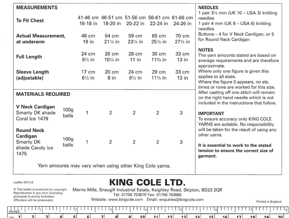 King Cole 4317 Baby Children's Knitting Pattern - Easy Knit Round Neck & V Neck Cardigan DK (16-26in)