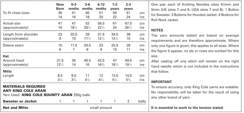 King Cole 2905 Aran Baby Knitting Pattern - Sweater, Jacket, Hat & Mitts (0 - 3 yrs)