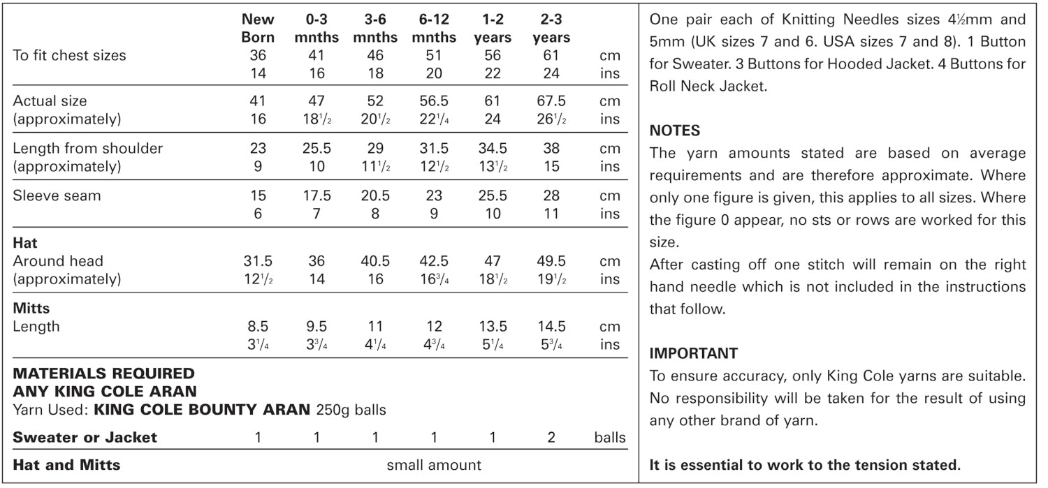King Cole 2905 Aran Baby Knitting Pattern - Sweater, Jacket, Hat & Mitts (0 - 3 yrs)