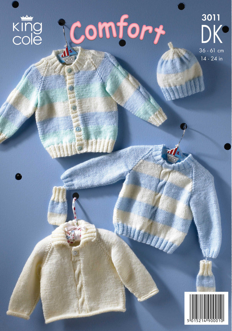 King Cole 3011 DK Knitting Pattern - Baby Cardigan, Sweaters, Hat & Mittens (Newborn - 3 years)