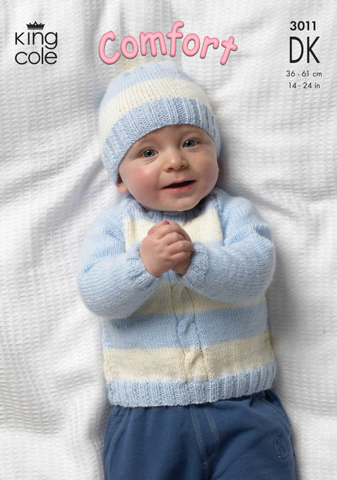 King Cole 3011 Double Knitting Pattern - DK Baby Cardigan, Sweaters, Hat & Mittens (Newborn - 3 years)