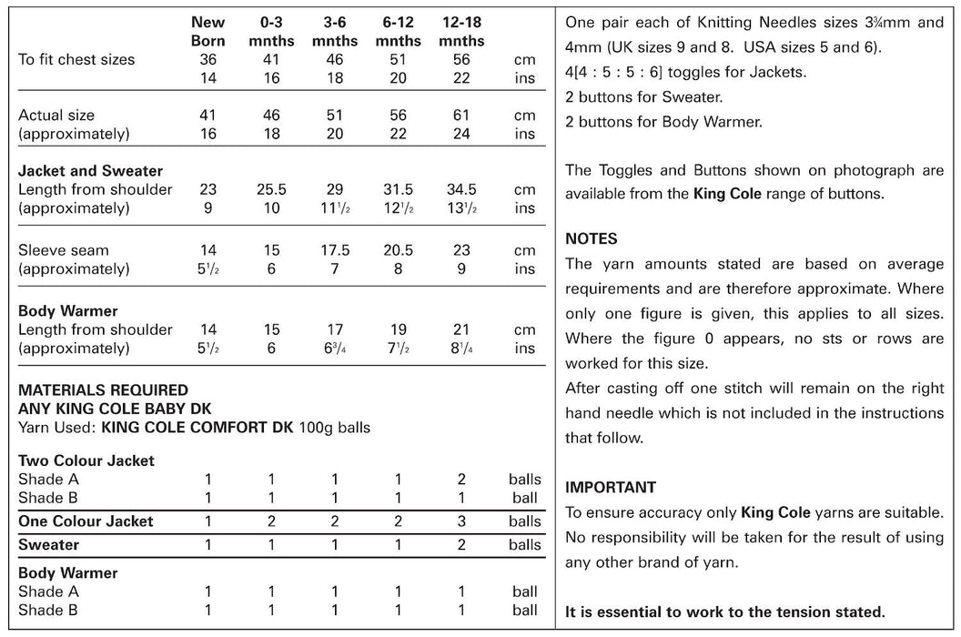 King Cole 3013 Double Knitting Pattern - DK Baby Jacket, Sweater & Body Warmer (Newborn - 18 mnths)