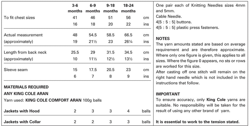 King Cole 3133 Aran Knitting Pattern Baby Jackets with Hood or Collar (16-22in)