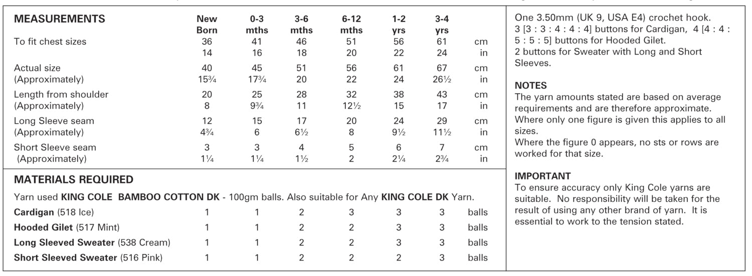 King Cole 3478 CROCHET Pattern - Cotton DK Baby Cardigan, Hooded Gilet, & Sweaters (0 to 4yrs)