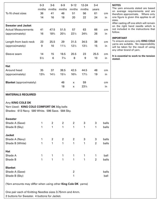 King Cole 3500 Double Knitting Pattern - Baby / Children's Sweater, Jacket, Hat & Blanket (0-4yrs) Discontinued