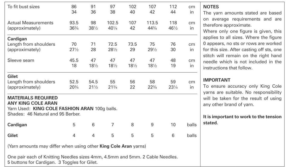 King Cole 3509 Aran Knitting Pattern - Ladies Cardigan & Gilet (34-44in)