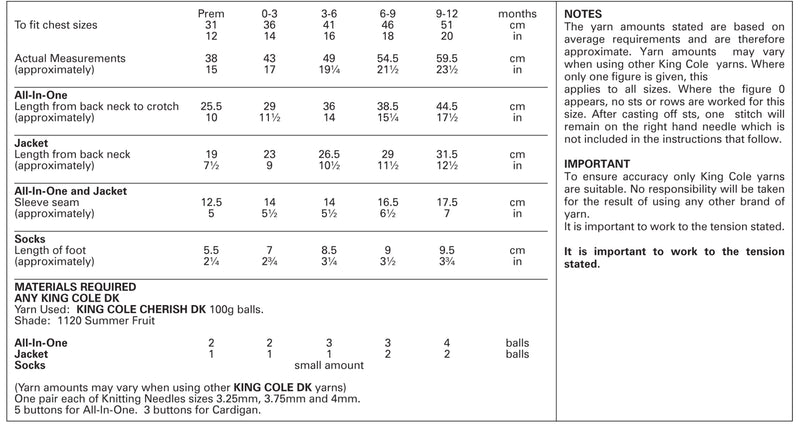 King Cole 4009 DK Knitting Pattern - All-In-One, Jacket and Socks Prem - 12 months